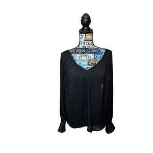 Nine West Black Sheer Striped Print Long Sleeve Work Business Blouse Sz S